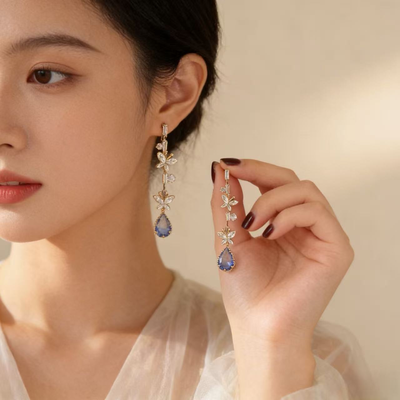 Water Droplets Clip Earrings For Women In Blue Alloy With Rhinestones And 925 Sterling Silver Studs Featuring Bezel Setting