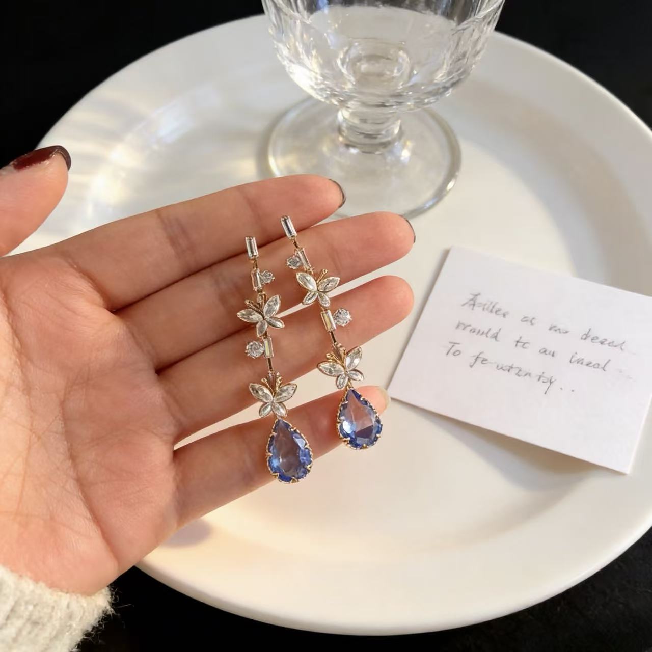 Water Droplets Clip Earrings For Women In Blue Alloy With Rhinestones And 925 Sterling Silver Studs Featuring Bezel Setting