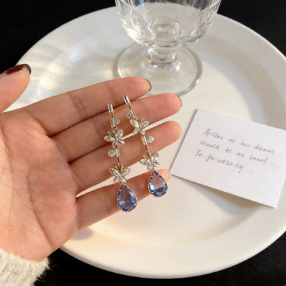 Water Droplets Clip Earrings For Women In Blue Alloy With Rhinestones And 925 Sterling Silver Studs Featuring Bezel Setting