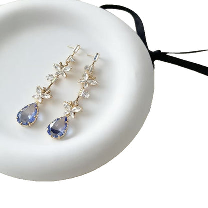 Water Droplets Clip Earrings For Women In Blue Alloy With Rhinestones And 925 Sterling Silver Studs Featuring Bezel Setting