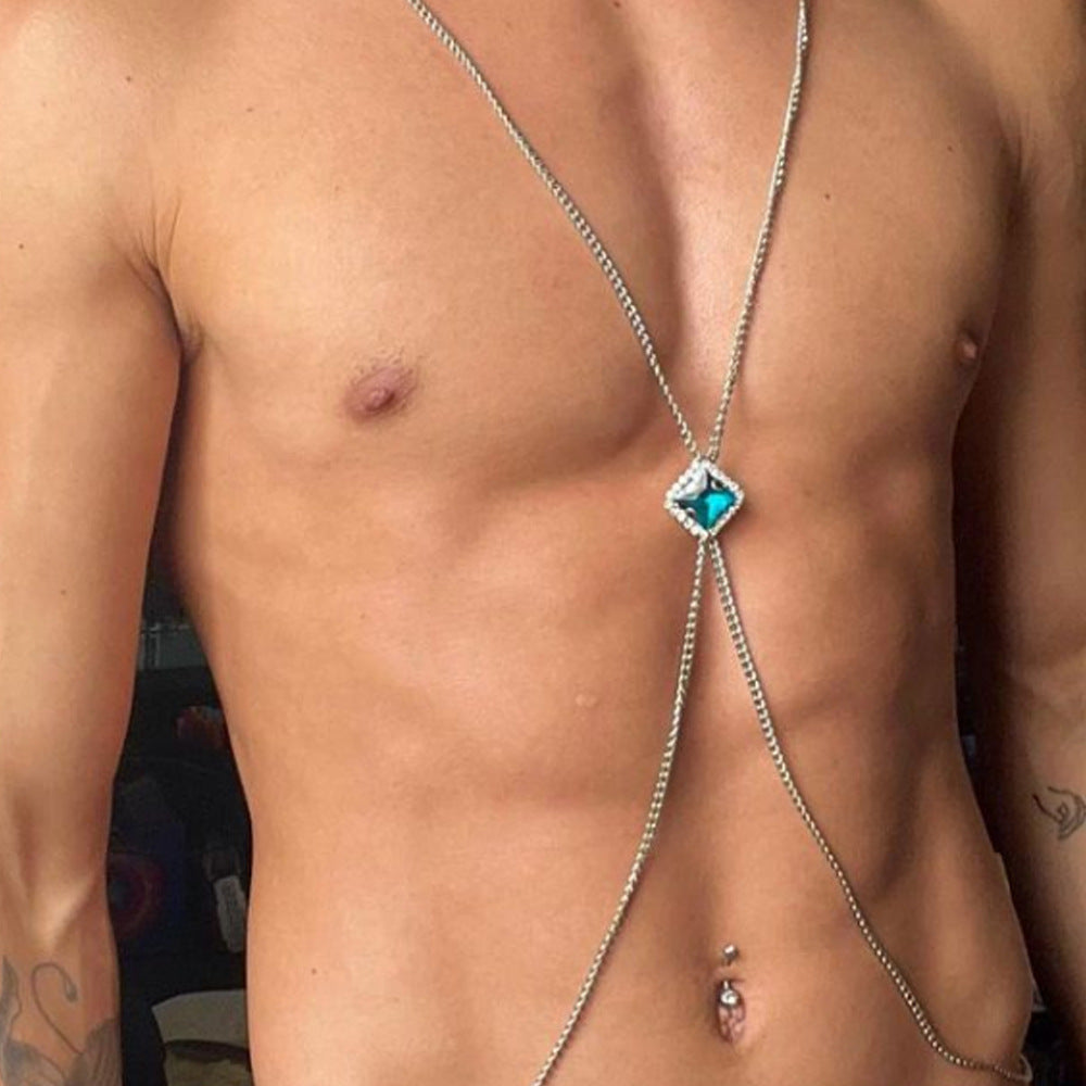 Men's Simple Style Gold Body Chain With Geometric Pattern And Silver Plated Alloy Featuring White Crystal Inlay