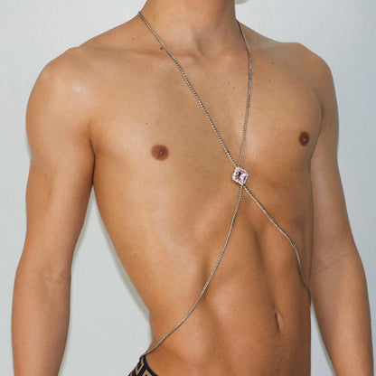Men's Simple Style Gold Body Chain With Geometric Pattern And Silver Plated Alloy Featuring White Crystal Inlay