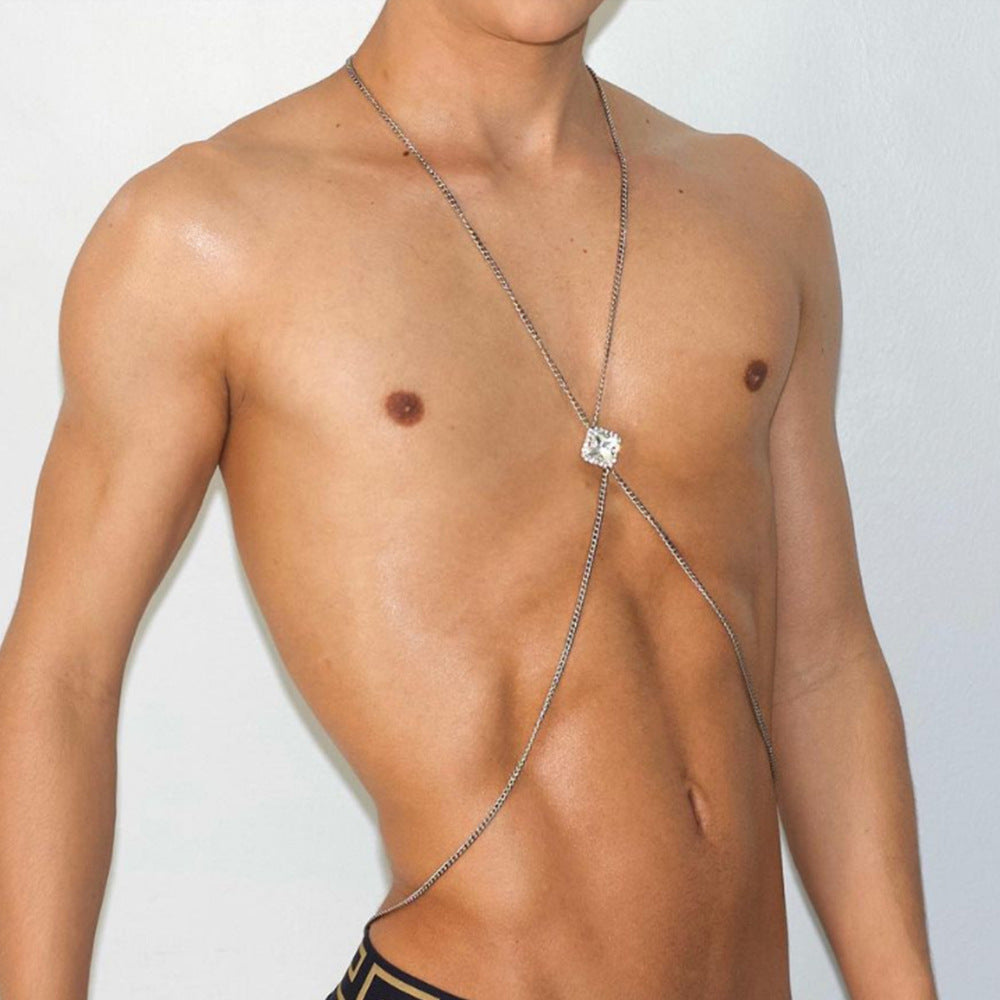 Men's Simple Style Gold Body Chain With Geometric Pattern And Silver Plated Alloy Featuring White Crystal Inlay