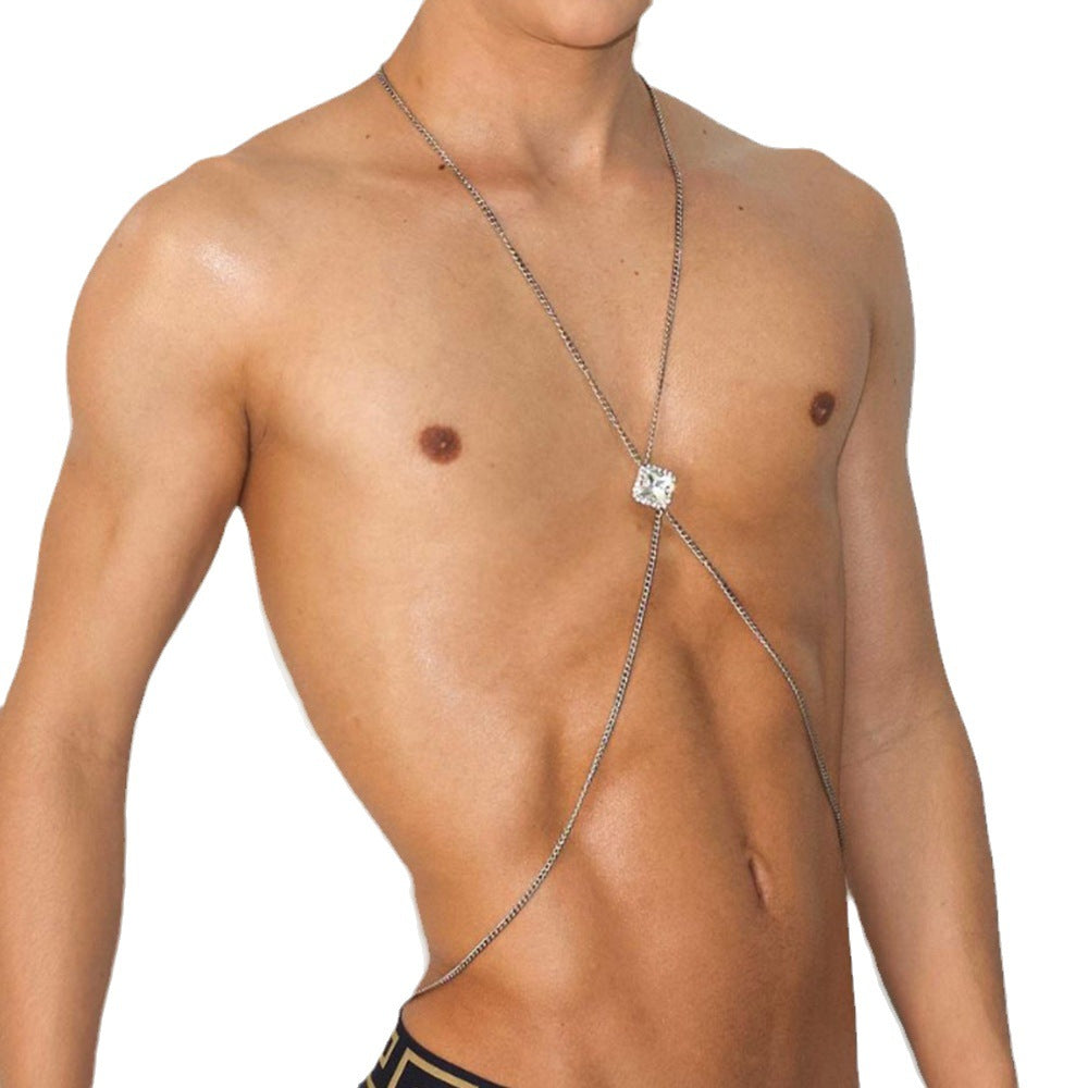 Men's Simple Style Gold Body Chain With Geometric Pattern And Silver Plated Alloy Featuring White Crystal Inlay