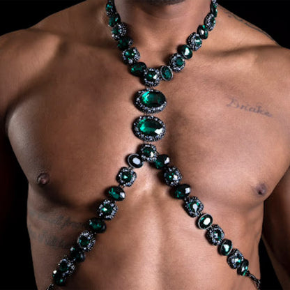 Men's Hip-Hop Silver Alloy Body Chain With White Crystal Inlay Featuring Geometric Pattern