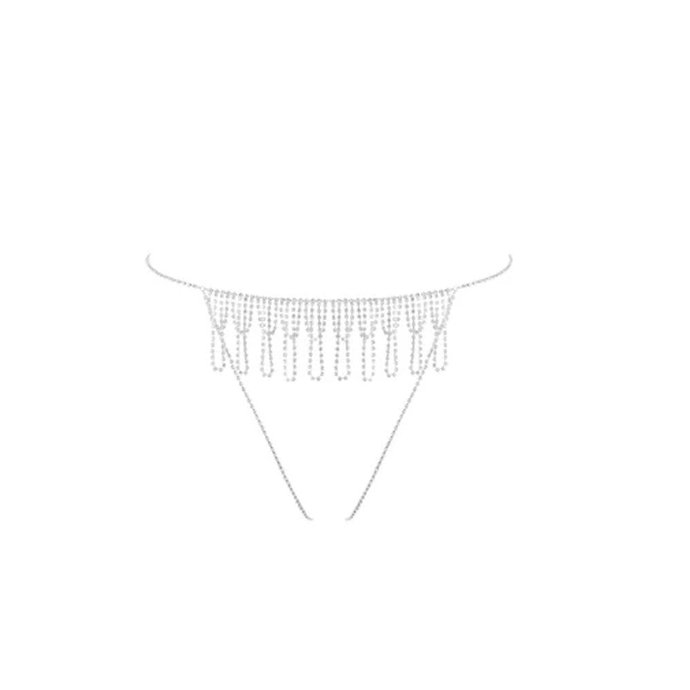Waves Tassel Body Chain For Women In Ethnic Style With Silver Rhinestones Inlay