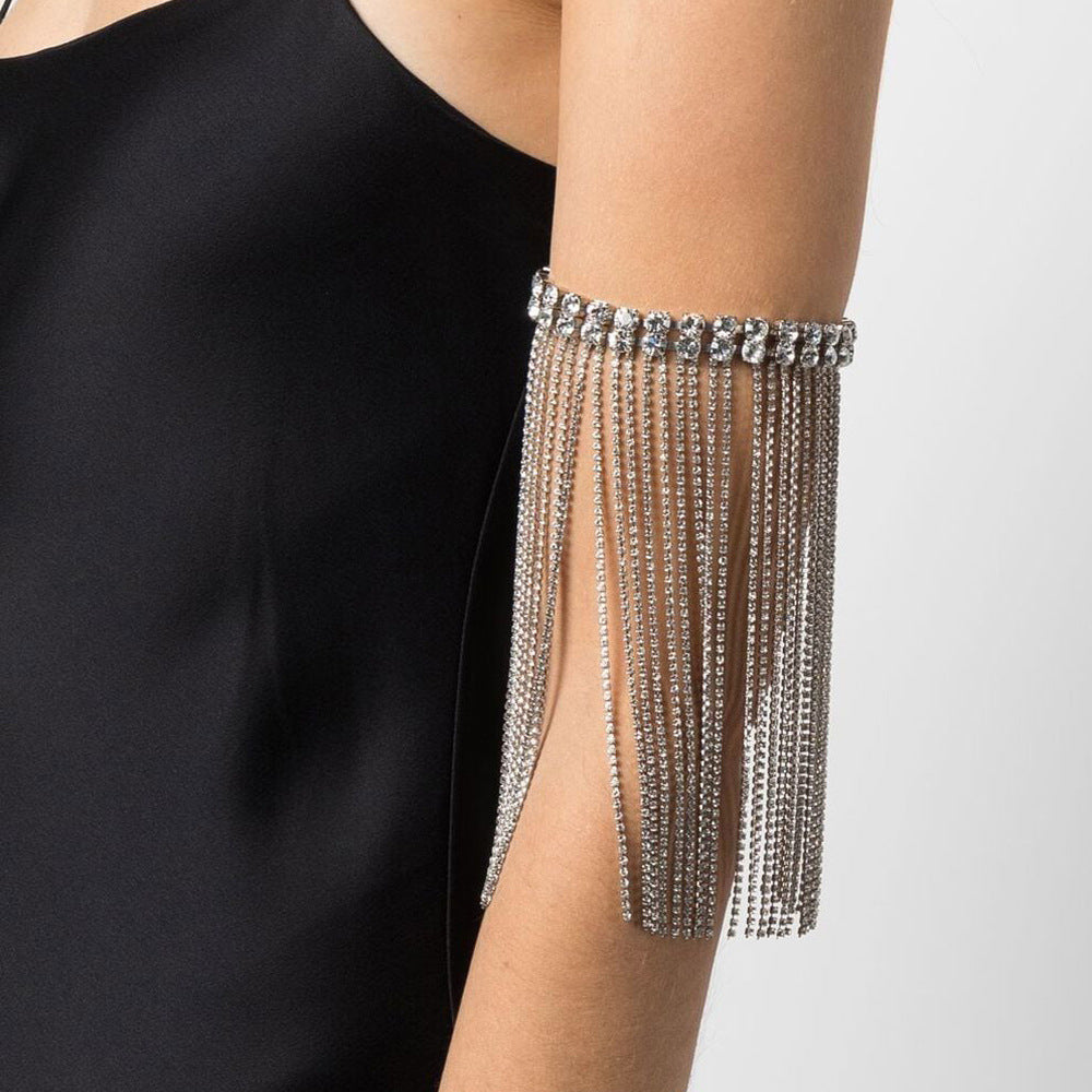 Silver Tassel Lines Arm Bracelet For Women, Alloy Chain With Rhinestone Inlay, Elegant And Stylish Accessory