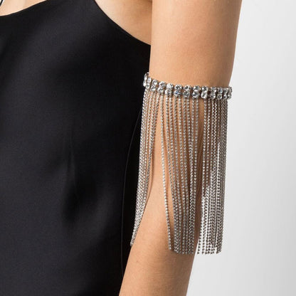 Silver Tassel Lines Arm Bracelet For Women, Alloy Chain With Rhinestone Inlay, Elegant And Stylish Accessory