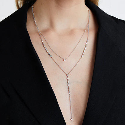 Silver Tassel Layered Necklace For Women Featuring Alloy Material And Rhinestone Inlay With Cable Chain