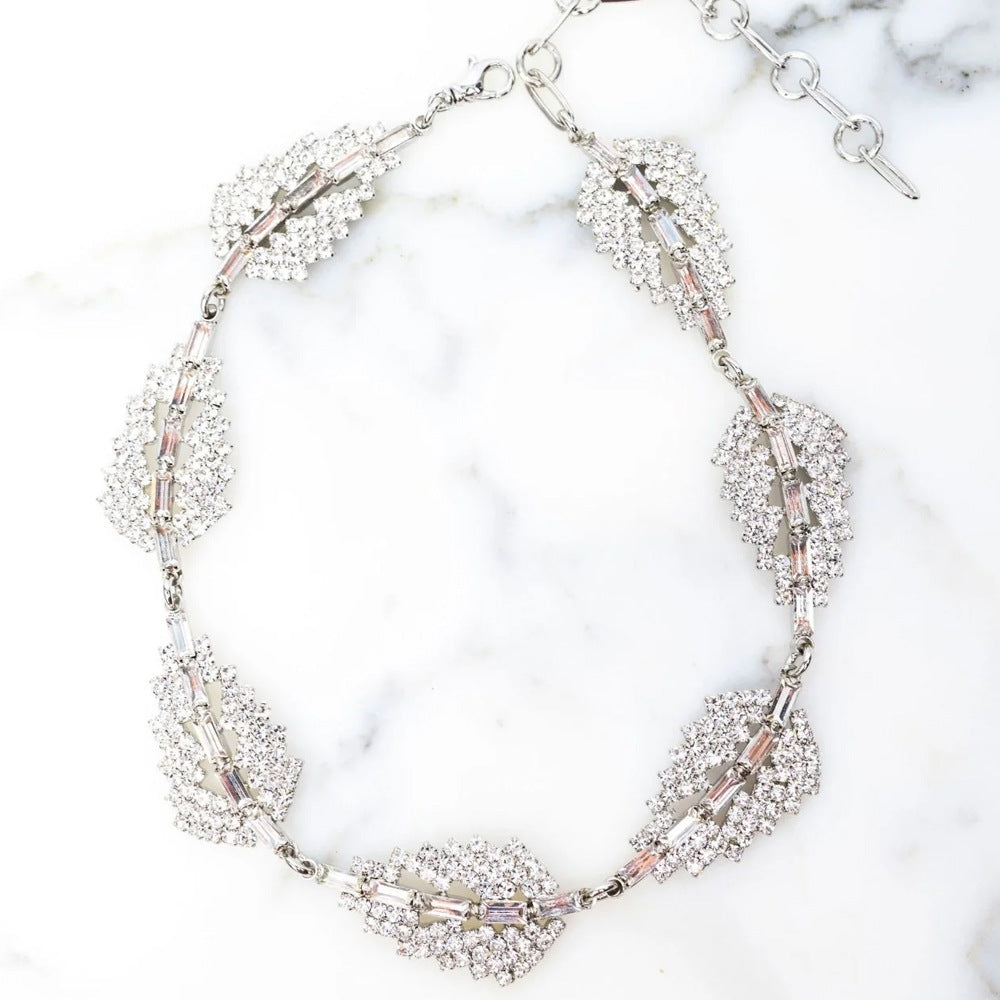 Silver Leaf Necklace For Women Featuring Rhinestone Inlay And Alloy Pendant Material