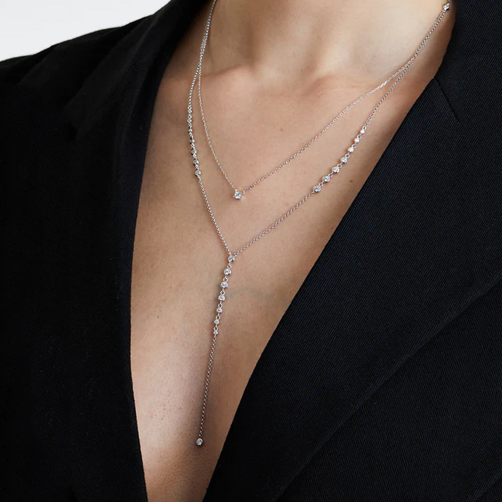 Silver Tassel Layered Necklace For Women Featuring Alloy Material And Rhinestone Inlay With Cable Chain