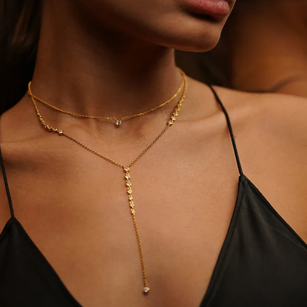 Silver Tassel Layered Necklace For Women Featuring Alloy Material And Rhinestone Inlay With Cable Chain