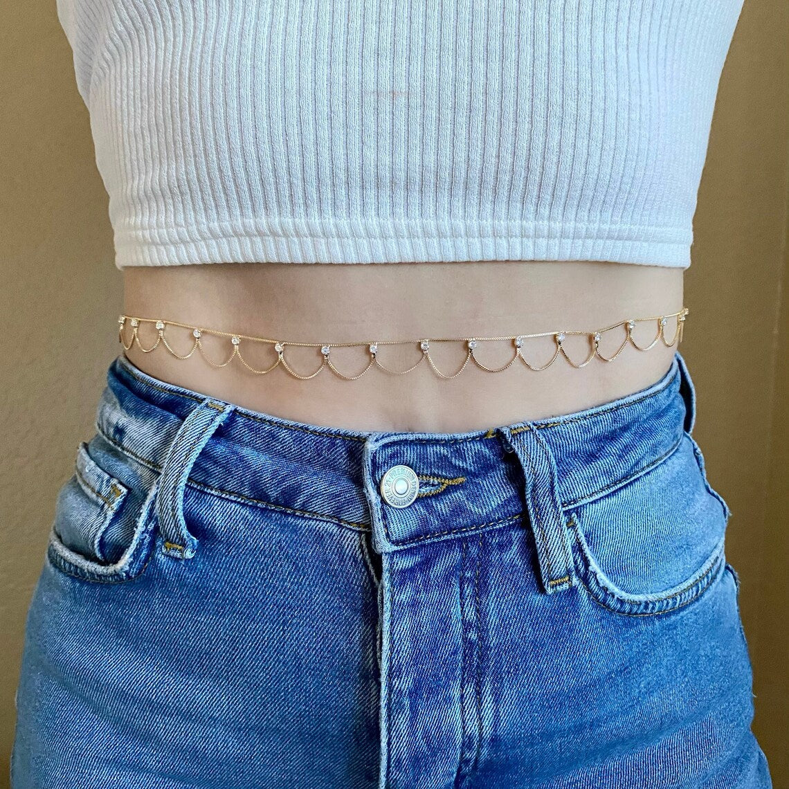 Silver Women's Waist Chain With Geometric Pattern, Rhinestones And Artificial Gemstones, Electroplated Finish