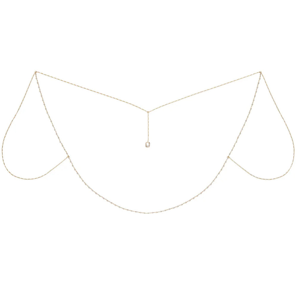 Simple Style Silver Alloy Tassel Body Chain For Women With Geometric Rhinestone Inlay