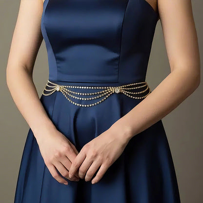 Silver Alloy Waist Chain For Women Featuring Geometric Rhinestones, Perfect For Stage Wear