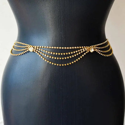 Silver Alloy Waist Chain For Women Featuring Geometric Rhinestones, Perfect For Stage Wear