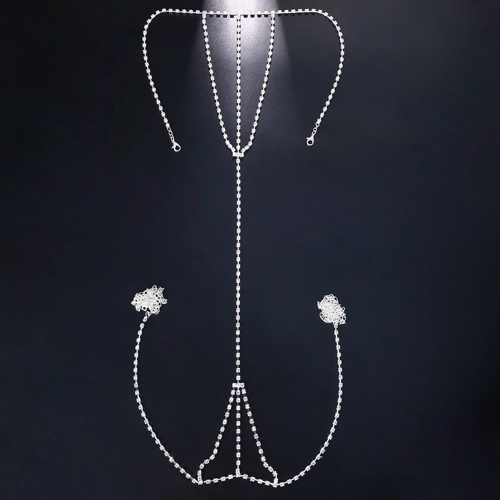 Gold Alloy Body Chain For Women Featuring Geometric Pattern And Electroplated Finish With Rhinestones Inlay
