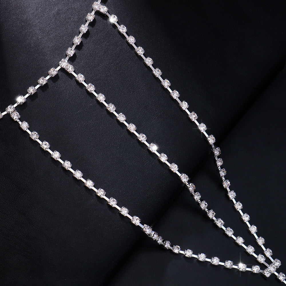 Gold Alloy Body Chain For Women Featuring Geometric Pattern And Electroplated Finish With Rhinestones Inlay