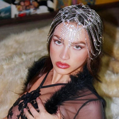Luxurious Tassel Hair Chain For Women In Silver Alloy With Rhinestone Inlay, Elegant Headband Accessory