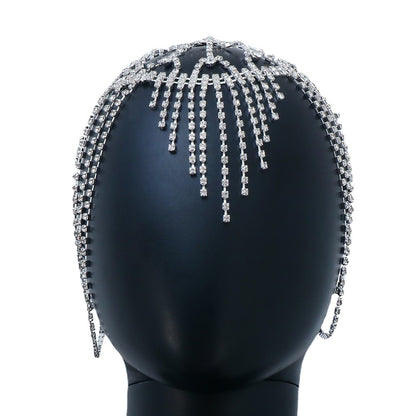 Luxurious Tassel Hair Chain For Women In Silver Alloy With Rhinestone Inlay, Elegant Headband Accessory