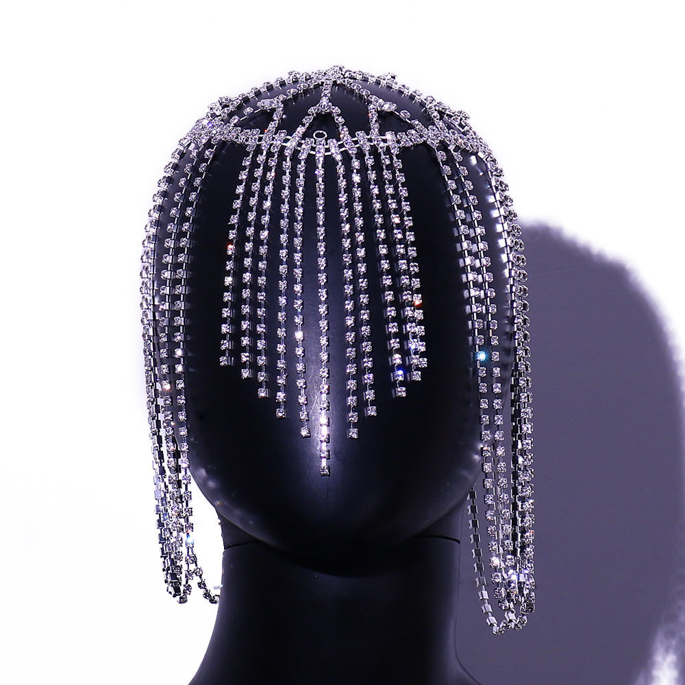 Luxurious Tassel Hair Chain For Women In Silver Alloy With Rhinestone Inlay, Elegant Headband Accessory