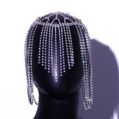 Luxurious Tassel Hair Chain For Women In Silver Alloy With Rhinestone Inlay, Elegant Headband Accessory
