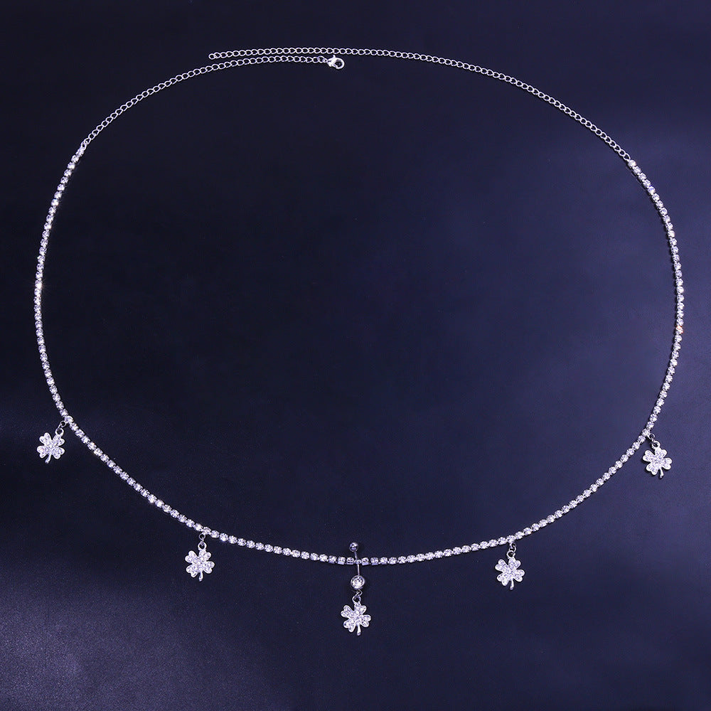 Silver Alloy Waist Chain For Women Featuring Lucky Heart Pattern With White Crystal Inlay And Electroplated Finish