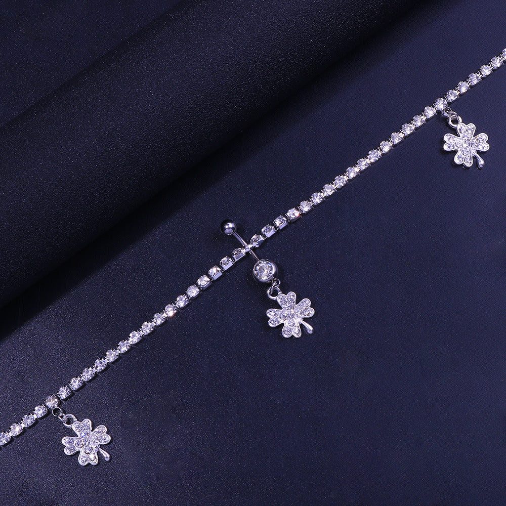 Silver Alloy Waist Chain For Women Featuring Lucky Heart Pattern With White Crystal Inlay And Electroplated Finish