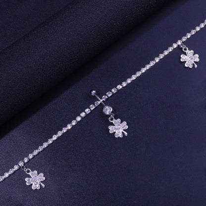 Silver Alloy Waist Chain For Women Featuring Lucky Heart Pattern With White Crystal Inlay And Electroplated Finish