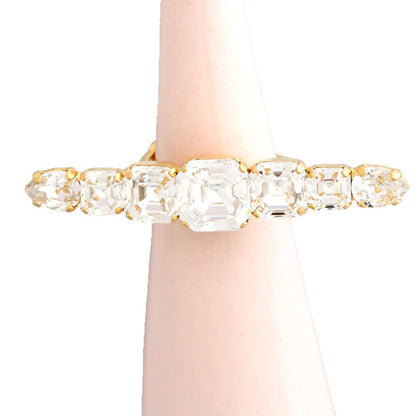 Silver Quadrilateral Adjustable Ring For Women In Alloy With Rhinestones Featuring Electroplated Finish