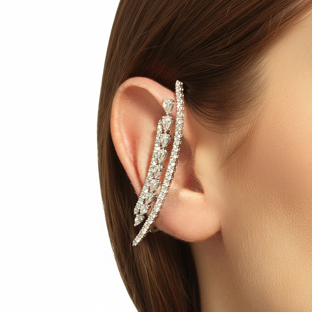 Silver Alloy Ear Cuff Earrings With Rhinestones Featuring Electroplated Finish For Elegant Style