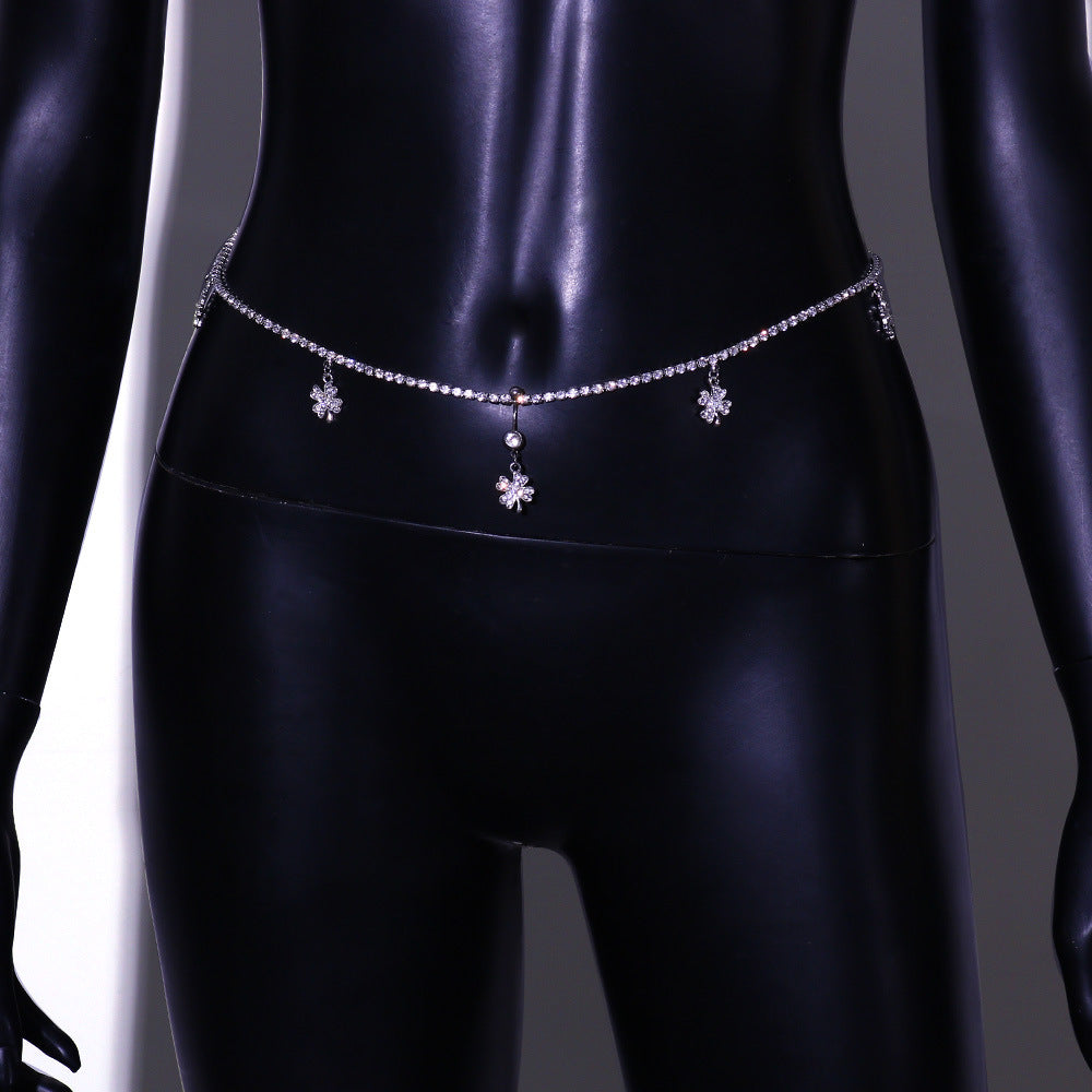 Silver Alloy Waist Chain For Women Featuring Lucky Heart Pattern With White Crystal Inlay And Electroplated Finish