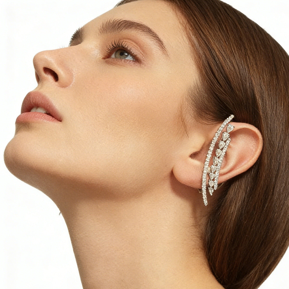 Silver Alloy Ear Cuff Earrings With Rhinestones Featuring Electroplated Finish For Elegant Style