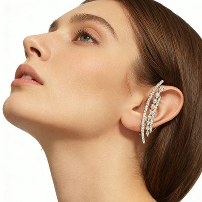 Silver Alloy Ear Cuff Earrings With Rhinestones Featuring Electroplated Finish For Elegant Style