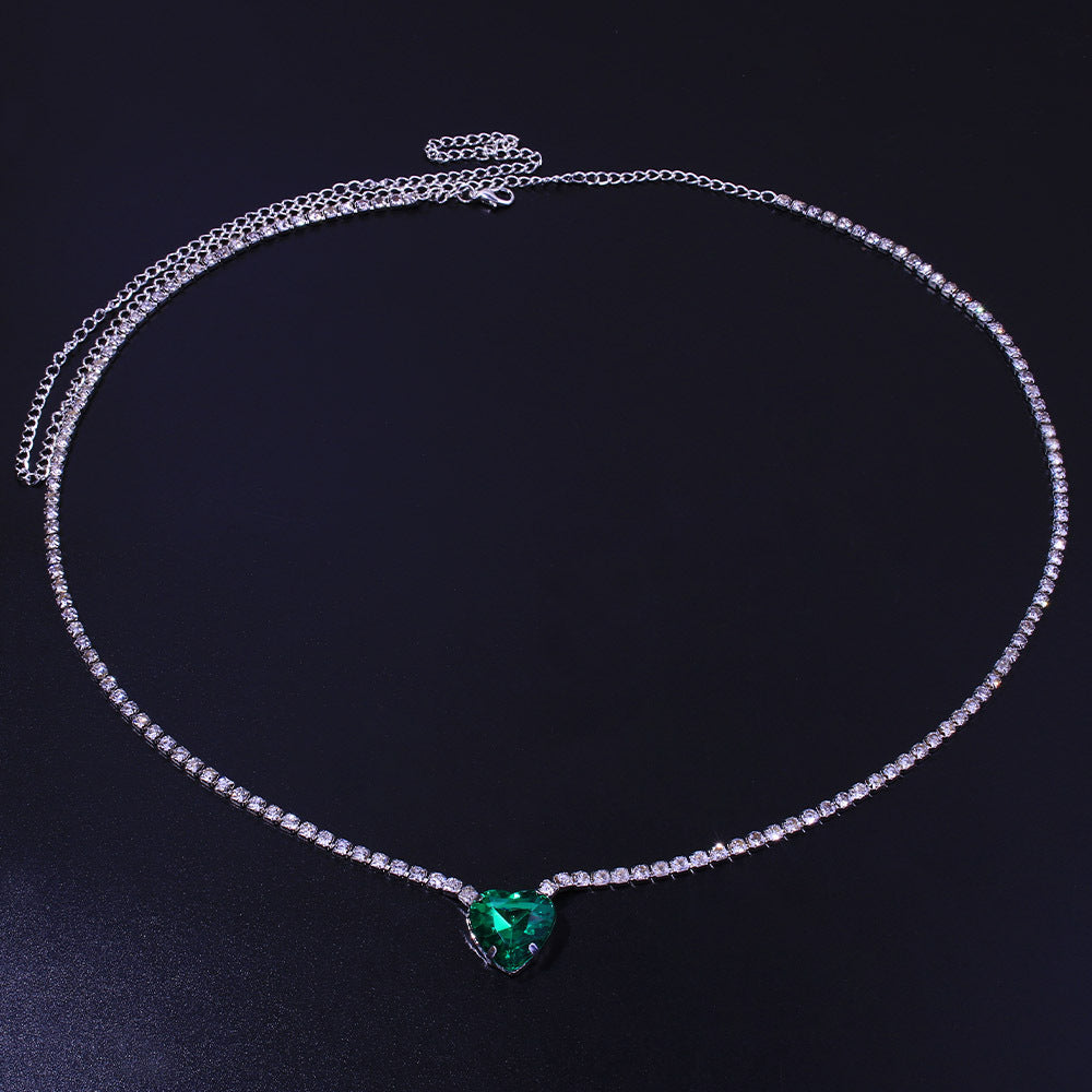 Women's Green Alloy Waist Chain With Heart Shape Pattern And Electroplated Finish, Featuring Rhinestones