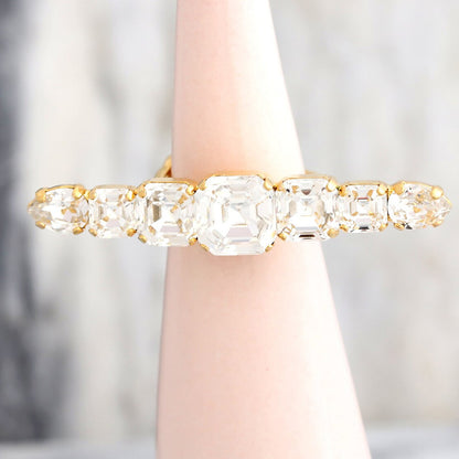 Silver Quadrilateral Adjustable Ring For Women In Alloy With Rhinestones Featuring Electroplated Finish