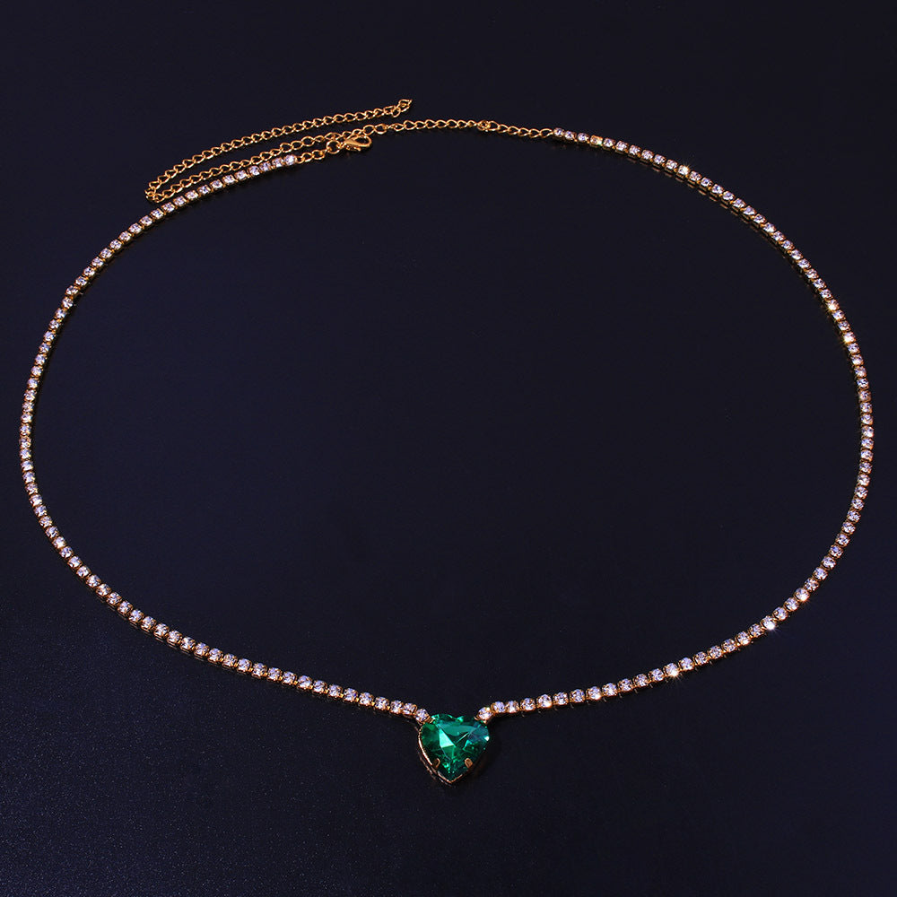 Women's Green Alloy Waist Chain With Heart Shape Pattern And Electroplated Finish, Featuring Rhinestones