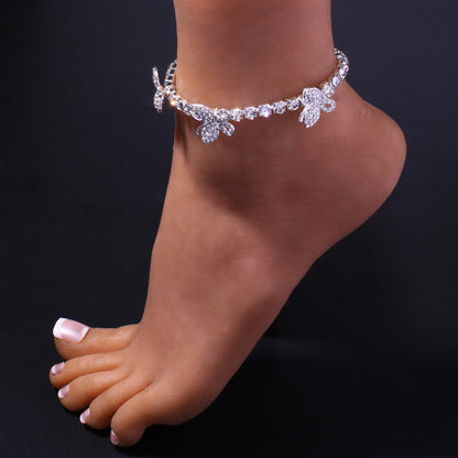 Silver Hip-Hop Alloy Anklet For Women With Butterfly Pattern And Artificial Gemstones Inlay