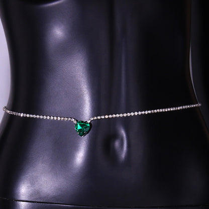 Women's Green Alloy Waist Chain With Heart Shape Pattern And Electroplated Finish, Featuring Rhinestones