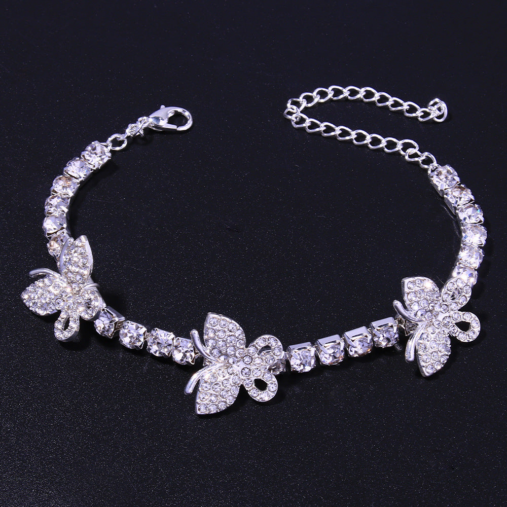Silver Hip-Hop Alloy Anklet For Women With Butterfly Pattern And Artificial Gemstones Inlay