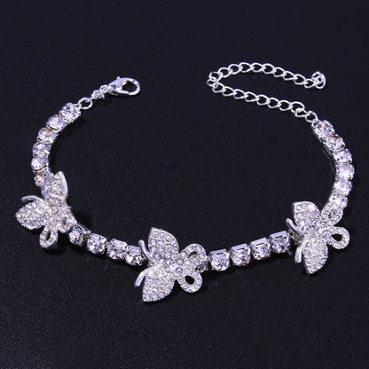 Silver Hip-Hop Alloy Anklet For Women With Butterfly Pattern And Artificial Gemstones Inlay