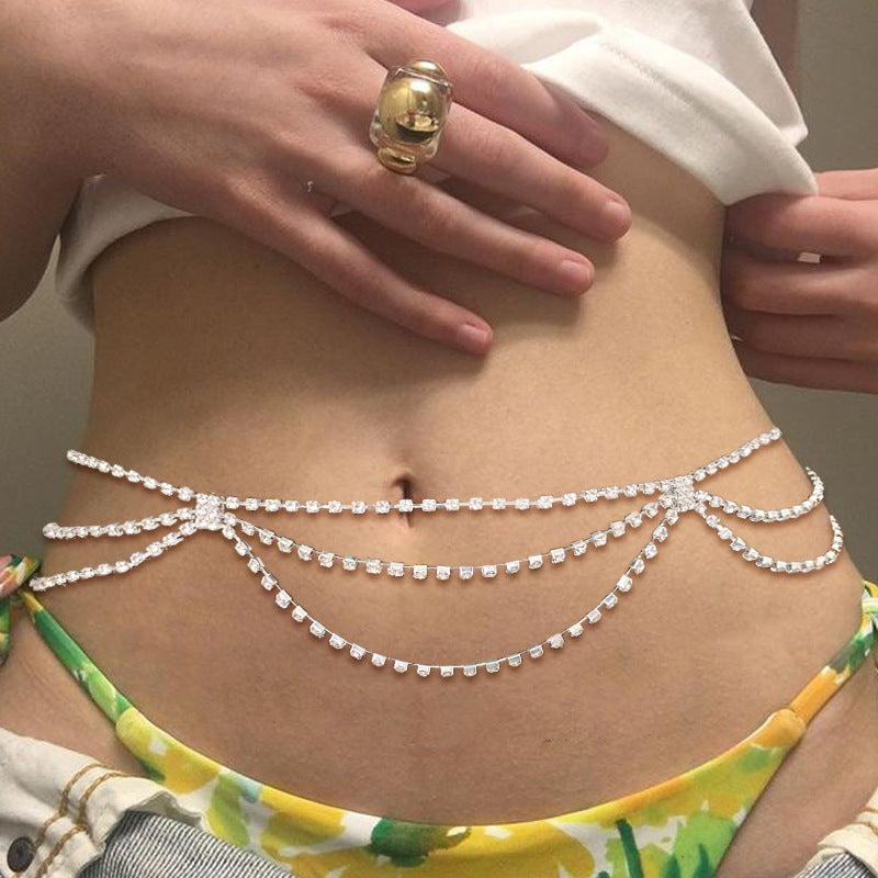 Women's Silver Alloy Waist Chain With Geometric Pattern And Electroplated Finish, Featuring Rhinestones