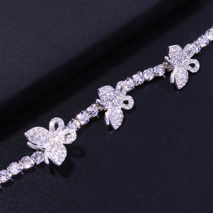 Silver Hip-Hop Alloy Anklet For Women With Butterfly Pattern And Artificial Gemstones Inlay