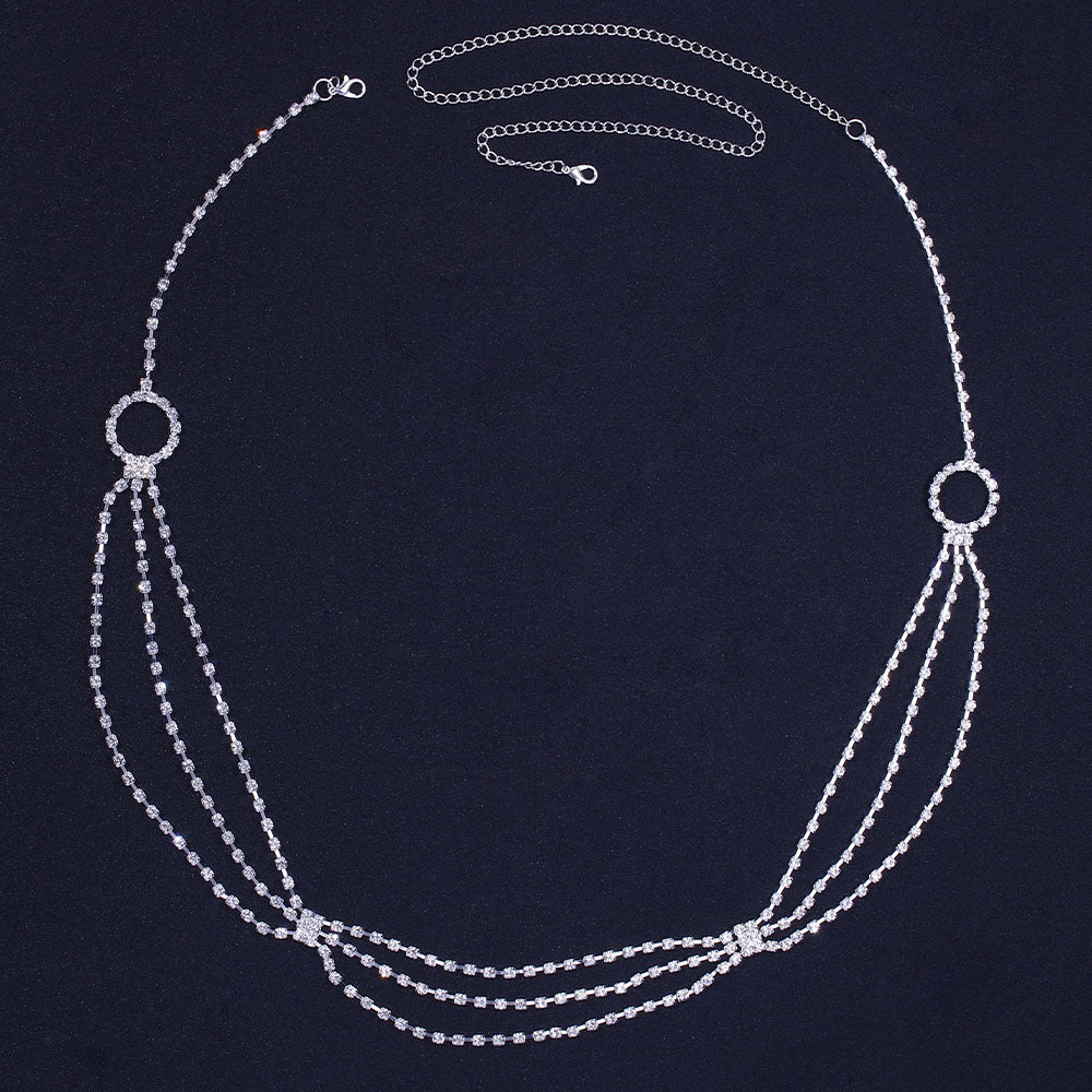Women's Silver Alloy Waist Chain With Geometric Pattern And Electroplated Finish, Featuring Rhinestones