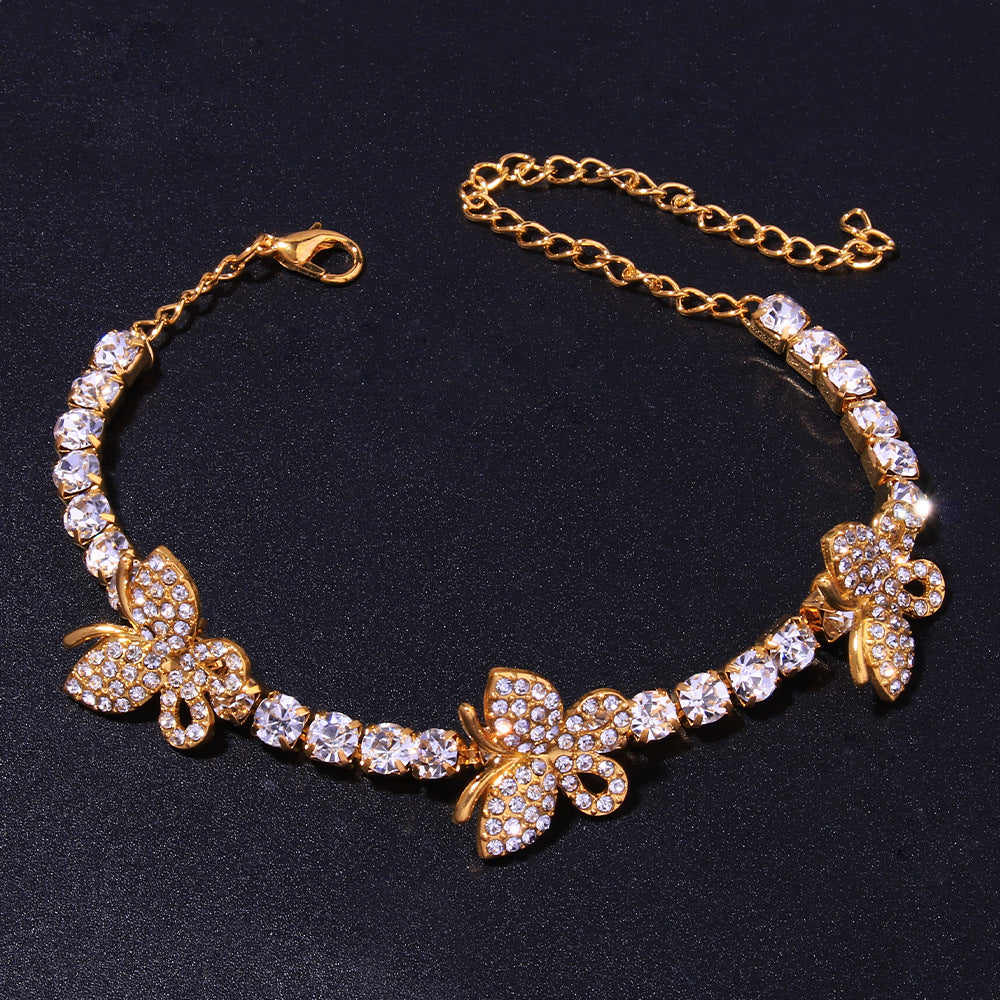 Silver Hip-Hop Alloy Anklet For Women With Butterfly Pattern And Artificial Gemstones Inlay
