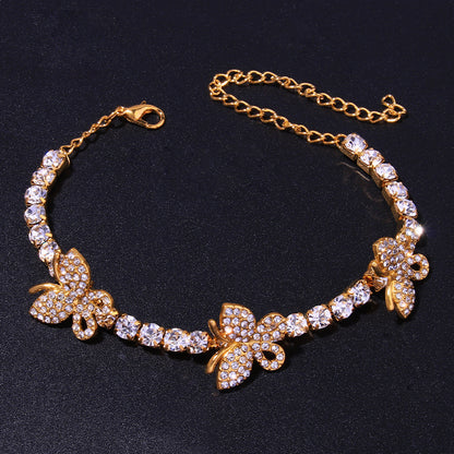Silver Hip-Hop Alloy Anklet For Women With Butterfly Pattern And Artificial Gemstones Inlay