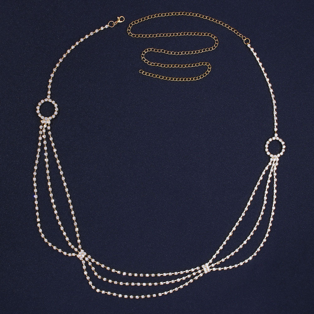 Women's Silver Alloy Waist Chain With Geometric Pattern And Electroplated Finish, Featuring Rhinestones