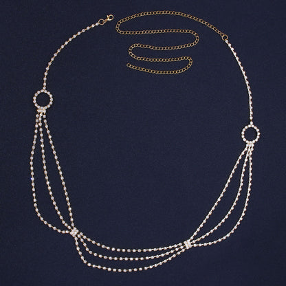 Women's Silver Alloy Waist Chain With Geometric Pattern And Electroplated Finish, Featuring Rhinestones