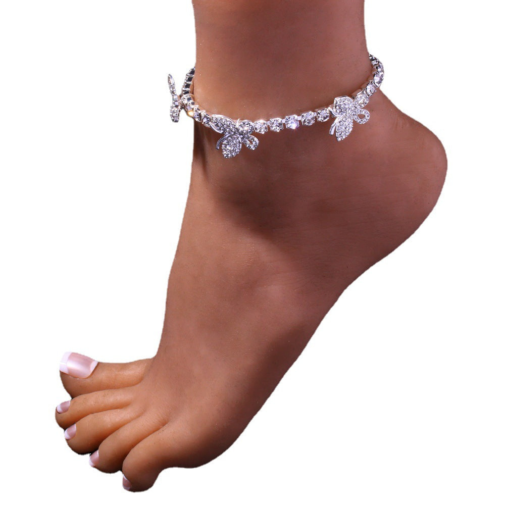 Silver Hip-Hop Alloy Anklet For Women With Butterfly Pattern And Artificial Gemstones Inlay
