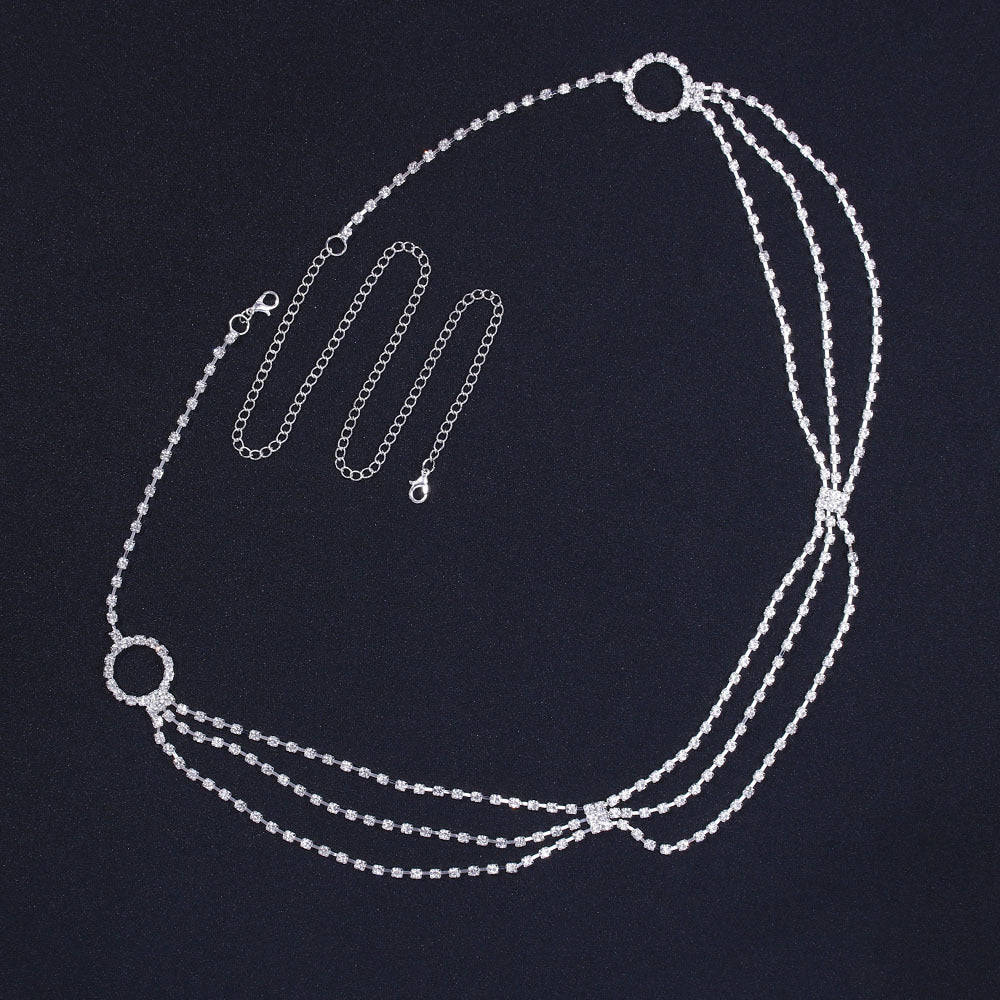 Women's Silver Alloy Waist Chain With Geometric Pattern And Electroplated Finish, Featuring Rhinestones